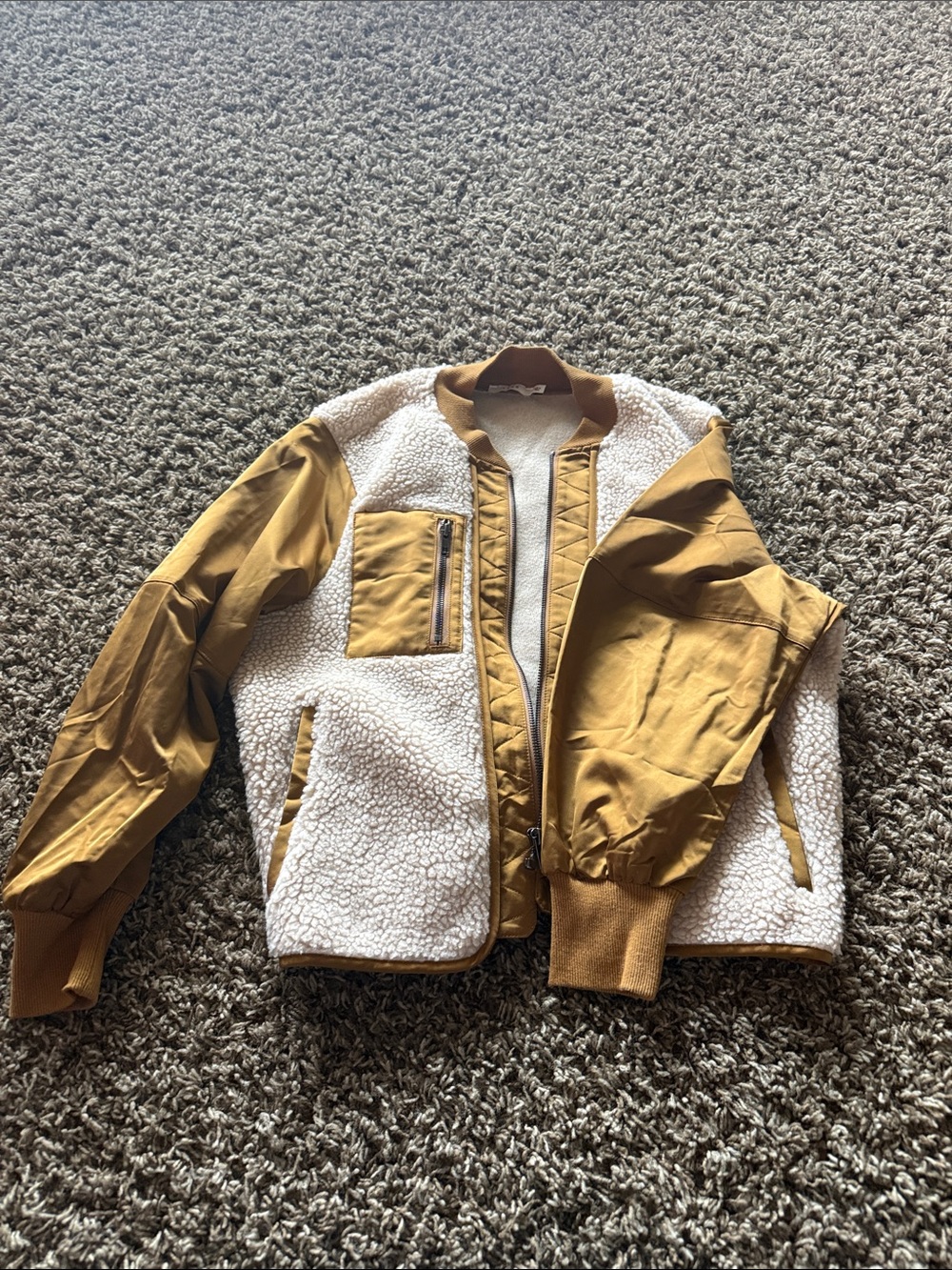 Lush womens Mustard and Cream Sherpa Bomber Jacket